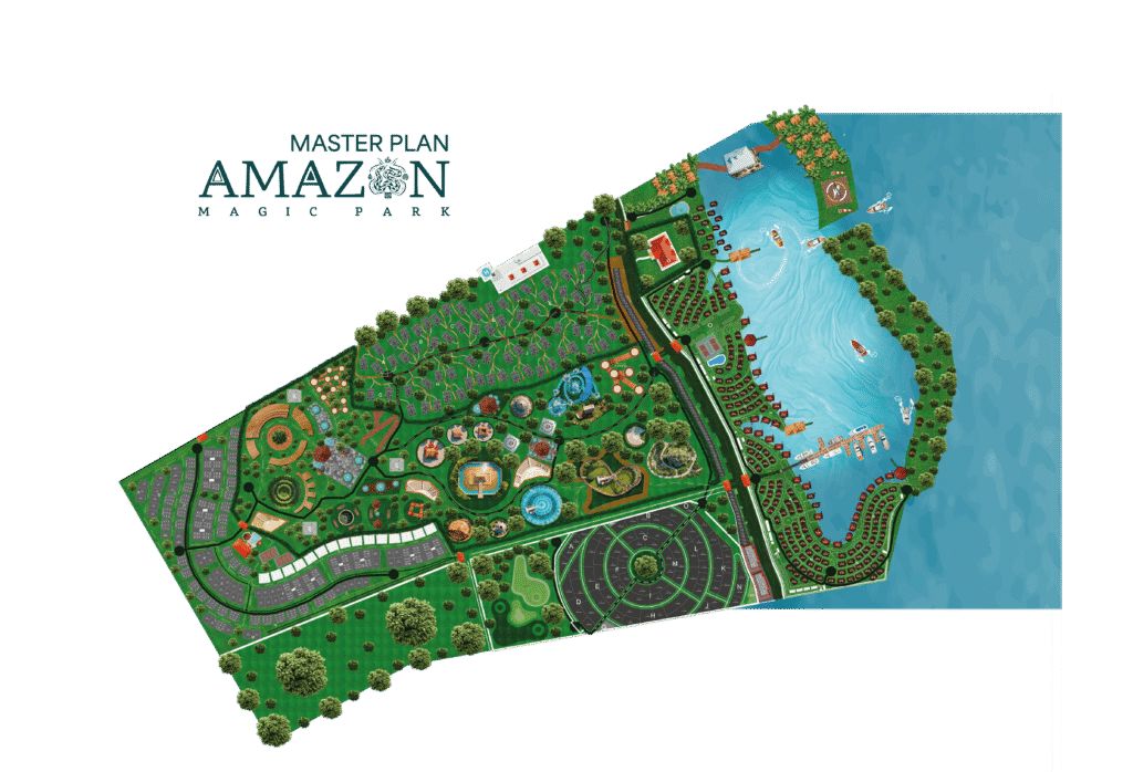Plan maestro de Amazon Magic Park — 120 hectáreas en Pucallpa, con la laguna, el parque y las residencias